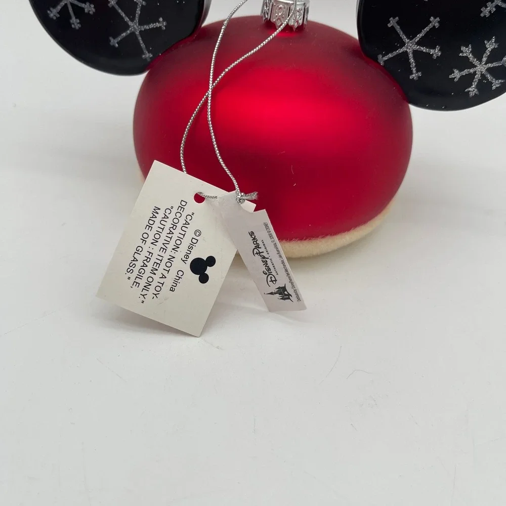 Disney Parks Mickey Mouse Ear Hat Glass Christmas Ornament Red Snowflake NEW